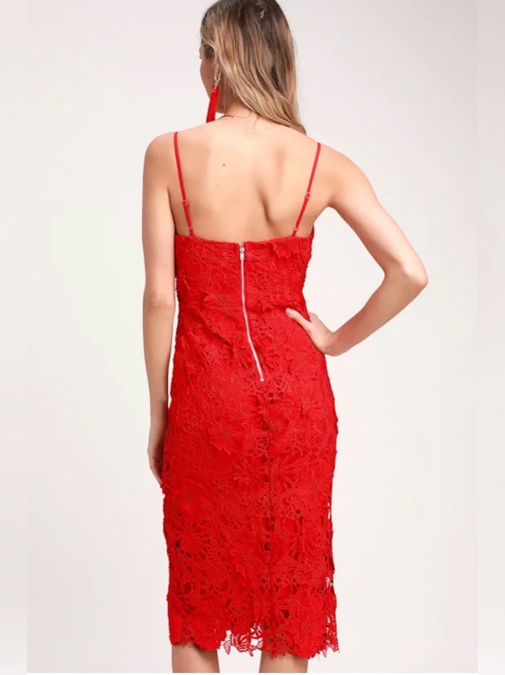 Lulus Steal Your Heart Red Crochet Lace Midi Dress XS Sleeveless Side Slit - Picture 2 of 11